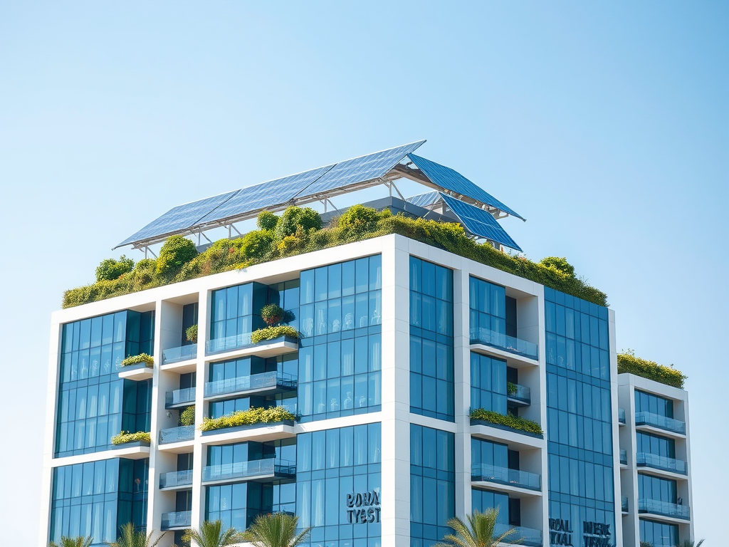 A modern building with solar panels on the roof, featuring large glass windows and green terraces. Clear blue sky.