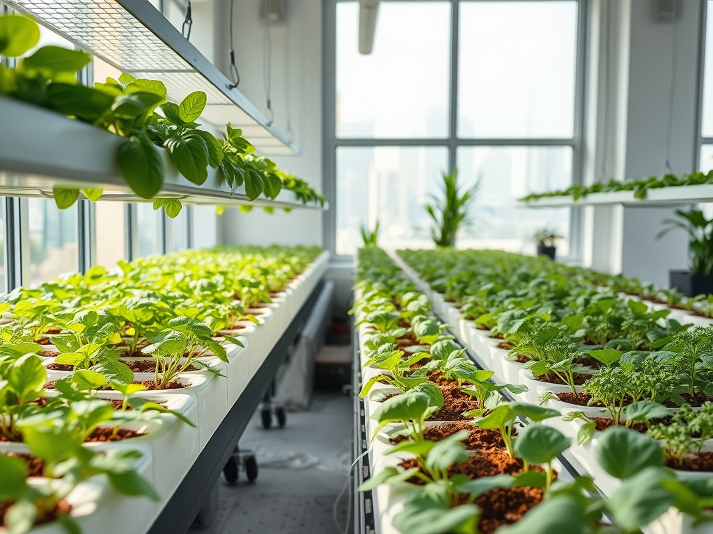 A bright indoor garden with rows of vibrant green plants growing in white planters under natural light.