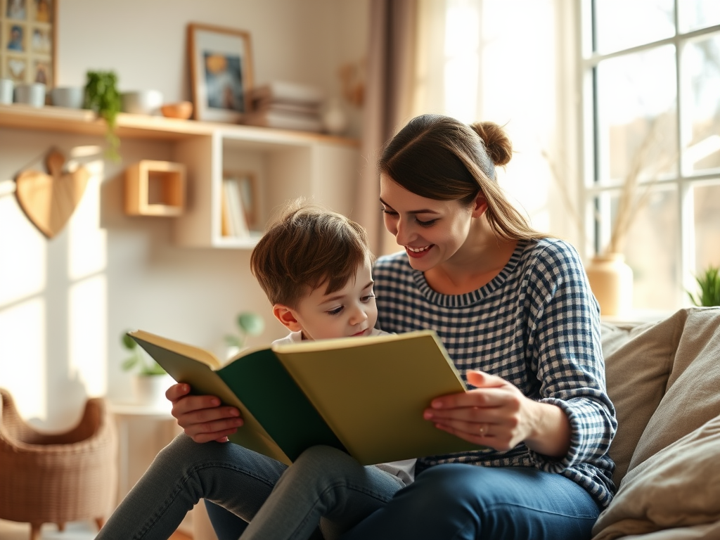 A mother and child sit together on a couch, reading a book and smiling in a cozy, well-lit living room.